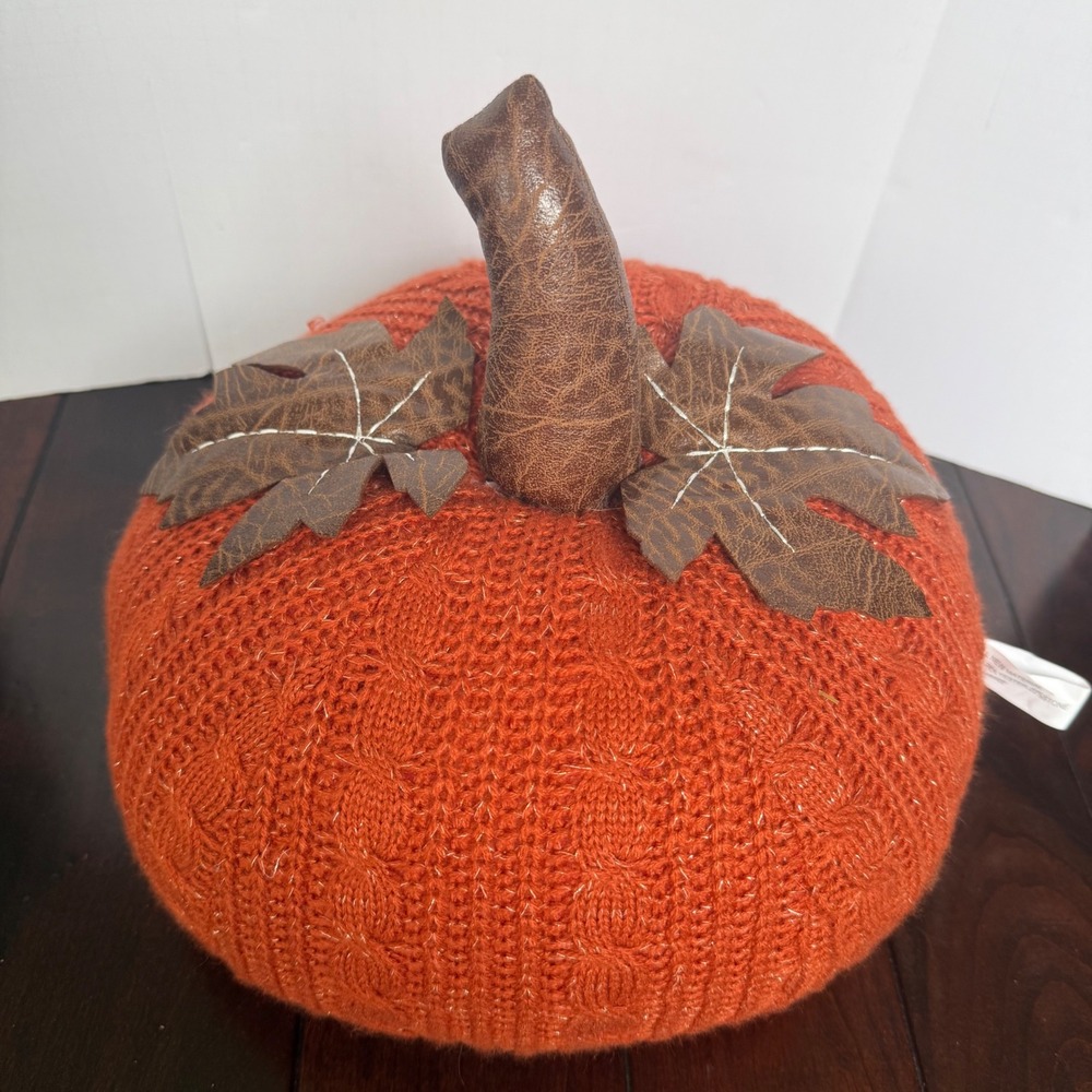 Orange Cable Knit Pumpkin Fall Decor Faux Leather Stem Metallic Shimmer Weighted